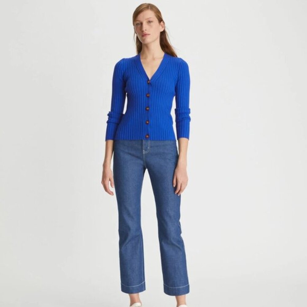 TORY BURCH Color-block Ribbed Cardigan Duchess Blue size S